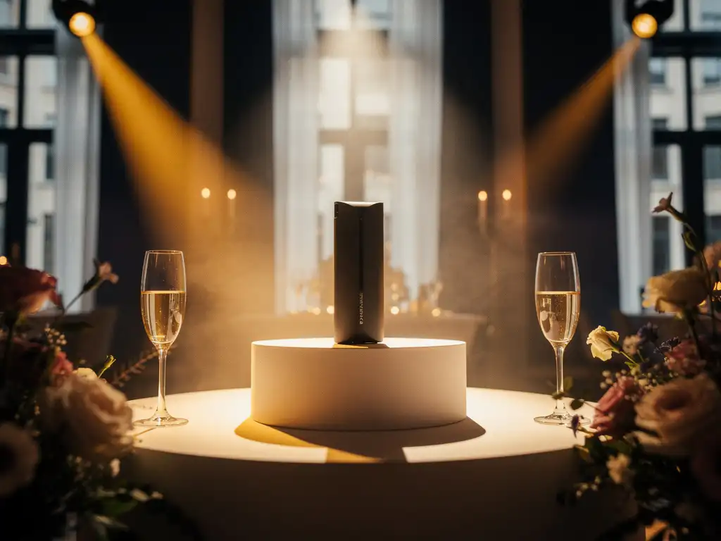 Premium product op verlicht podium tijdens elegant evenement in Amsterdam, omgeven door champagneglazen en bloemen in goud en marineblauw.