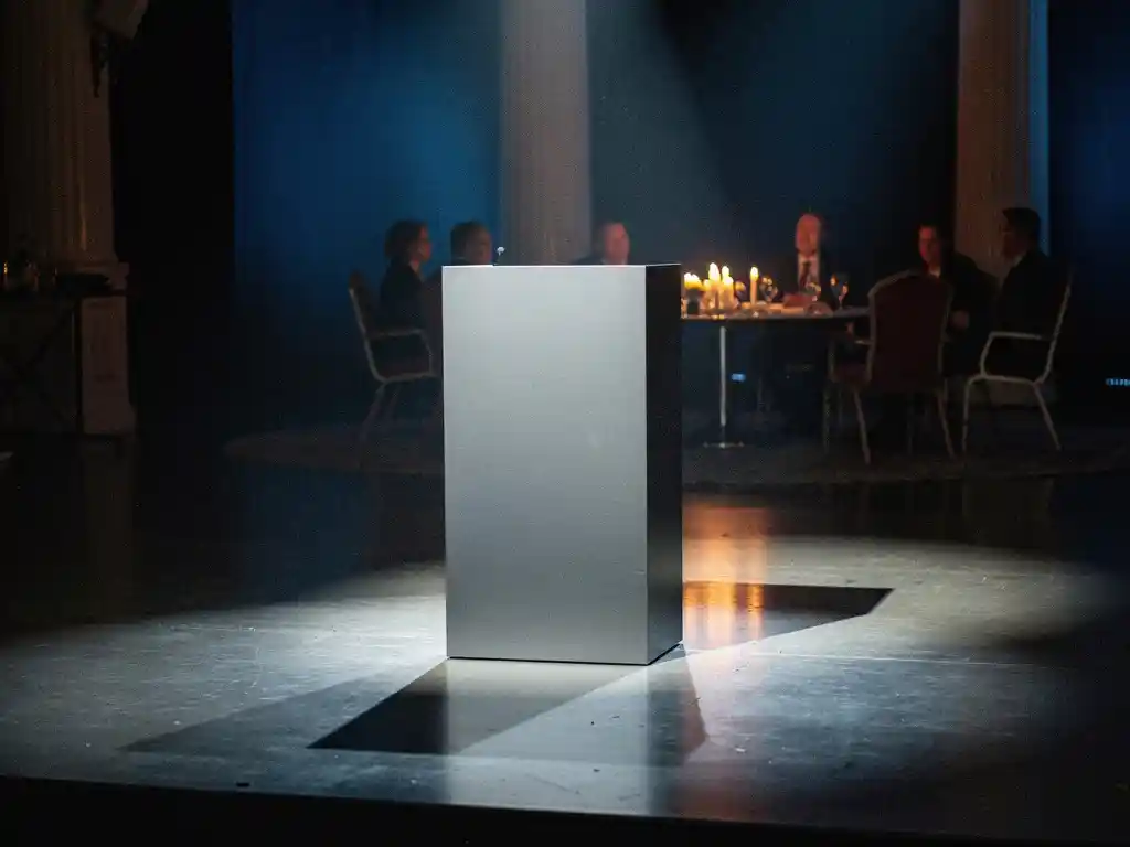 Productlanceringsscène met verlicht podium op de voorgrond en kaarsverlichte rondetafeldiscussie in een Amsterdamse evenementenlocatie.