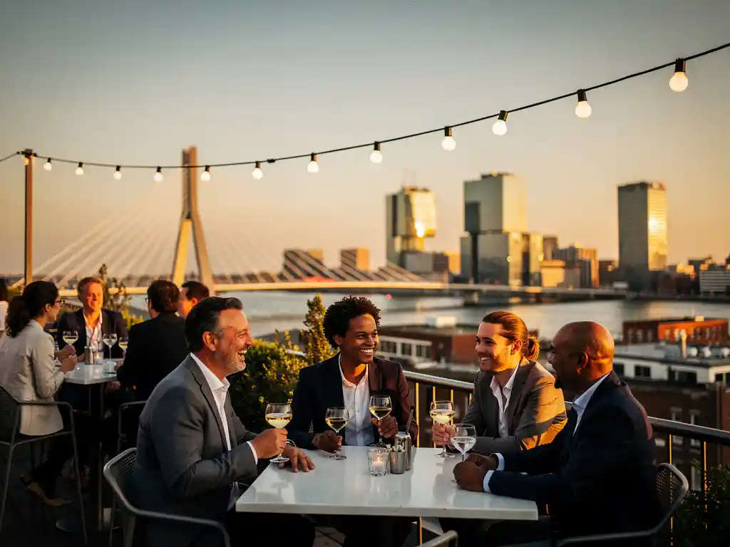 Collega's klinken met cocktails op een verlicht rooftopterras in Rotterdam tijdens gouden uur, met de Erasmusbrug op de achtergrond.