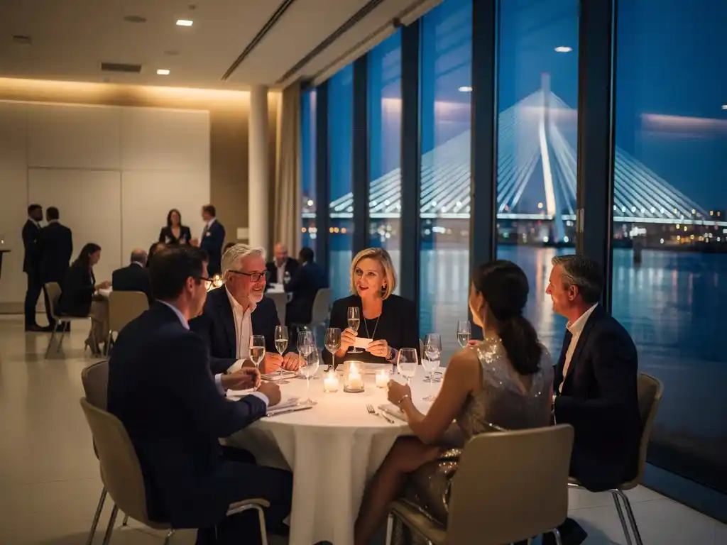Zakelijke gala in Rotterdam met diverse professionals bij ronde tafels, Erasmusbrug zichtbaar op de achtergrond bij schemering.