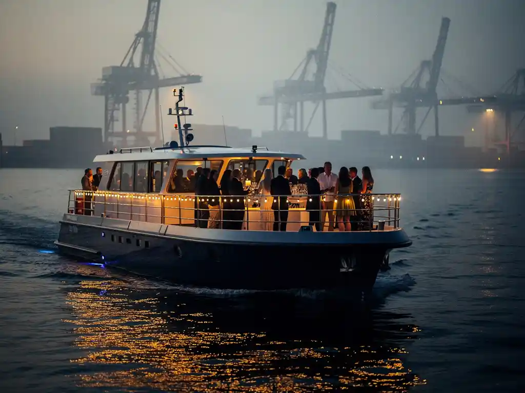 Verlichte partyboot met gasten op het dek vaart door de Rotterdamse haven tijdens het gouden uur, havenkranen op de achtergrond.