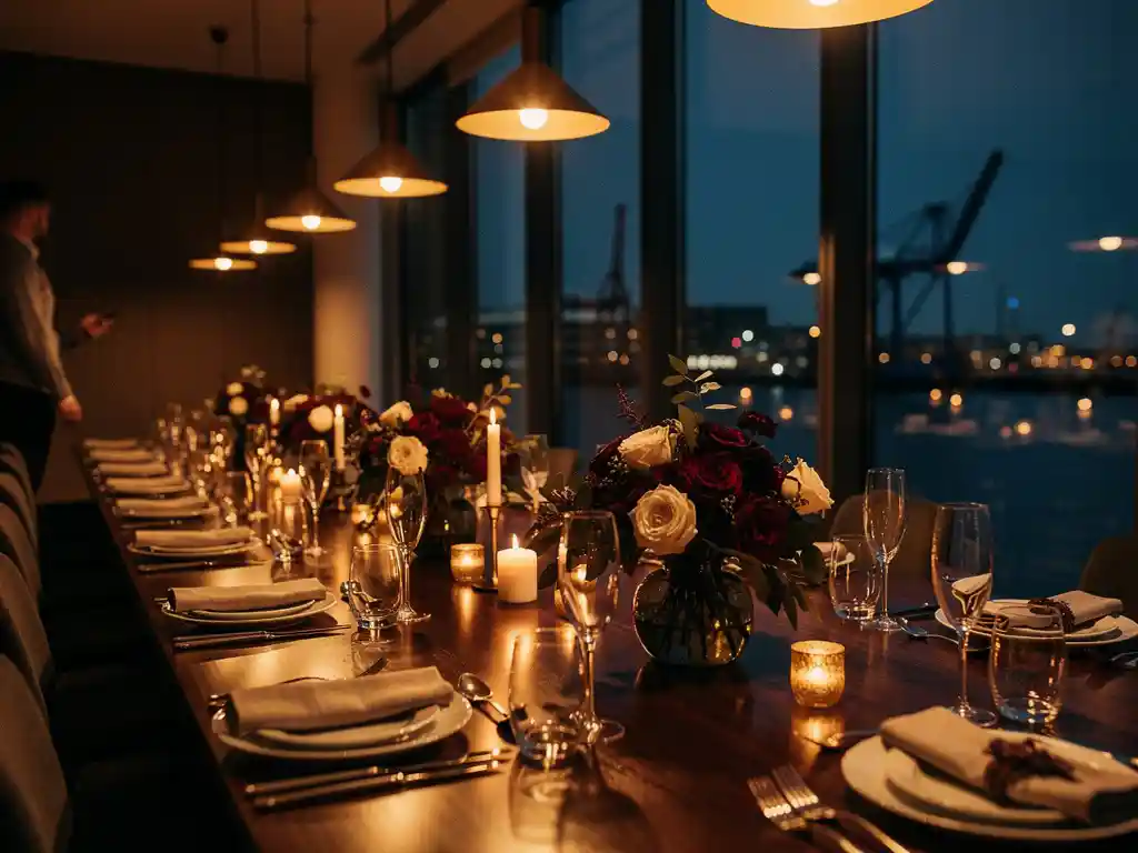 Elegant gedekte banquettafel met champagneglazen en bordeauxrode bloemstukken in een Rotterdams havenzicht-evenementenlocatie.