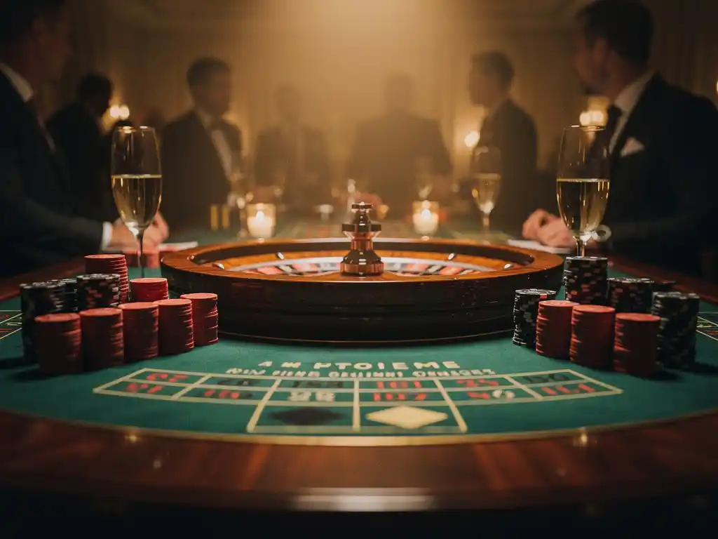 Draaiend roulettewiel op een elegante evenementtafel met gestapelde casino chips en champagneglazen in warm kaarslicht, Amsterdam.