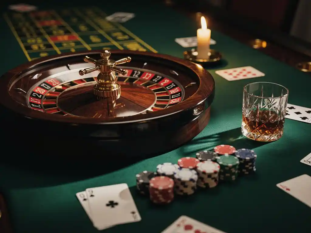 Roulettewiel omringd door speelkaarten, casinofiches en een whiskeyglas op een mahonihouten tafel met groen laken.