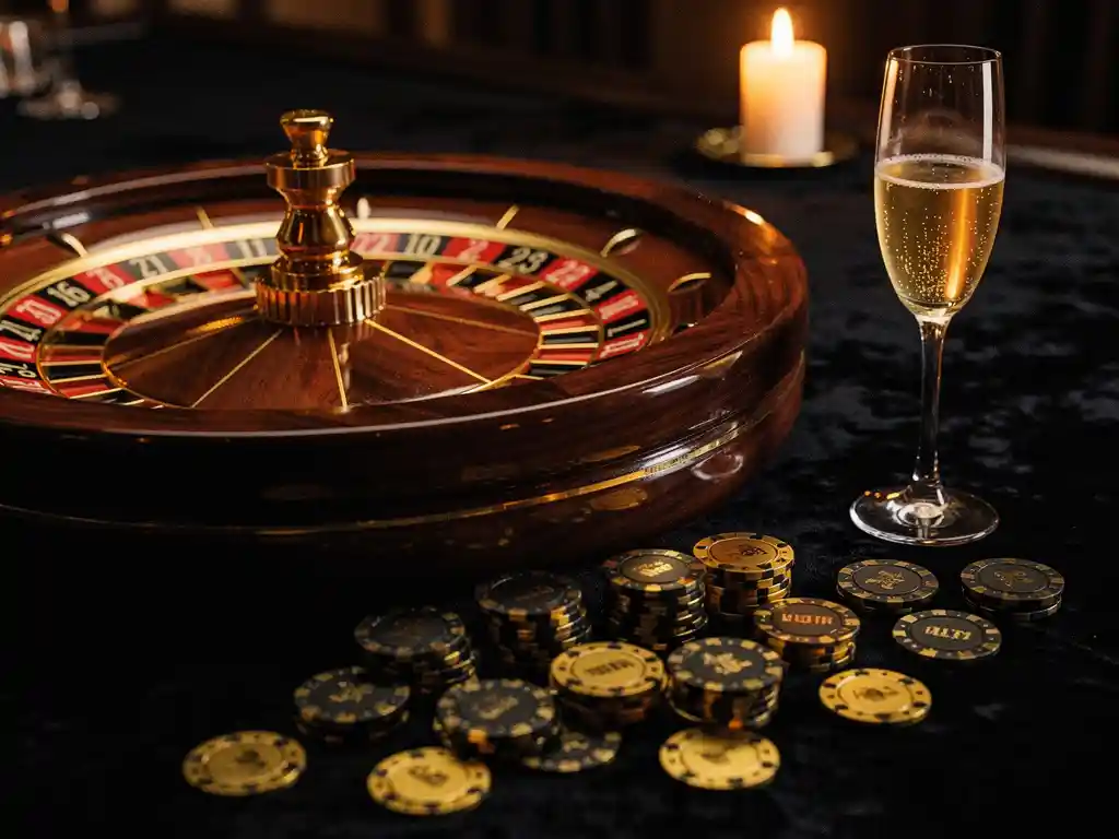 Roulettewiel op zwart fluwelen tafel met gouden en zwarte pokerchips en een champagneglas in kaarslicht.