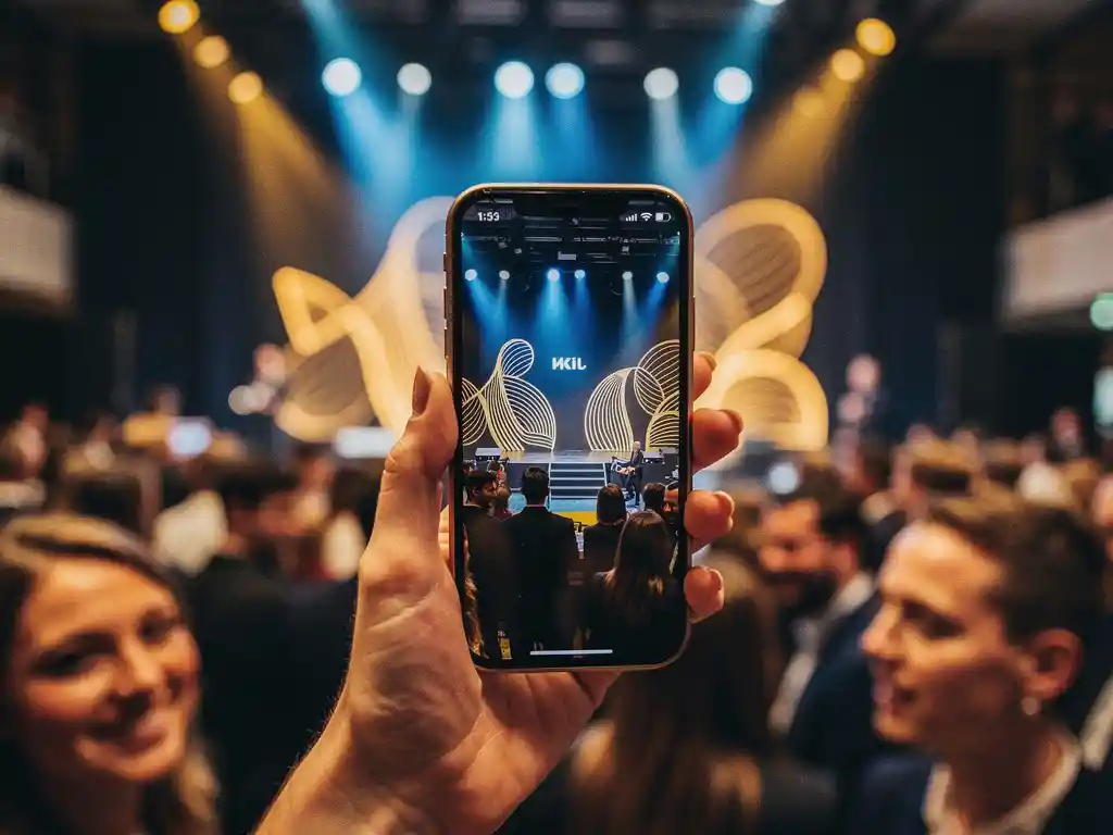 Smartphone filmt verlicht podium met merkdecor en publiek tijdens een evenement in een moderne Amsterdamse locatie.