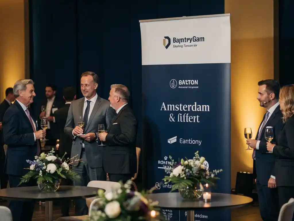 Sponsorbanner naast een conferentiescene met netwerkende professionals tijdens een zakelijk evenement in Amsterdam, navy en goud kleurenpalet.