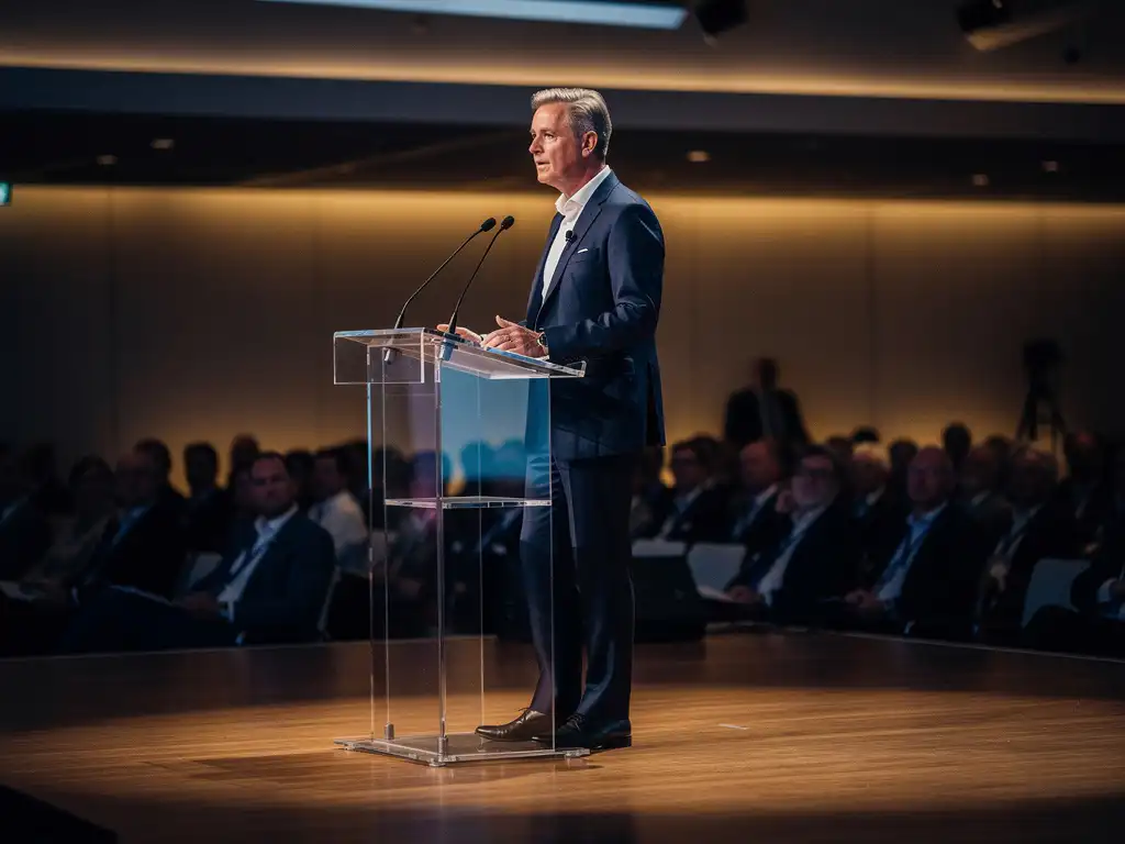 Professionele spreker achter glazen podium op modern Amsterdams zakelijk congres, publiek op de achtergrond.