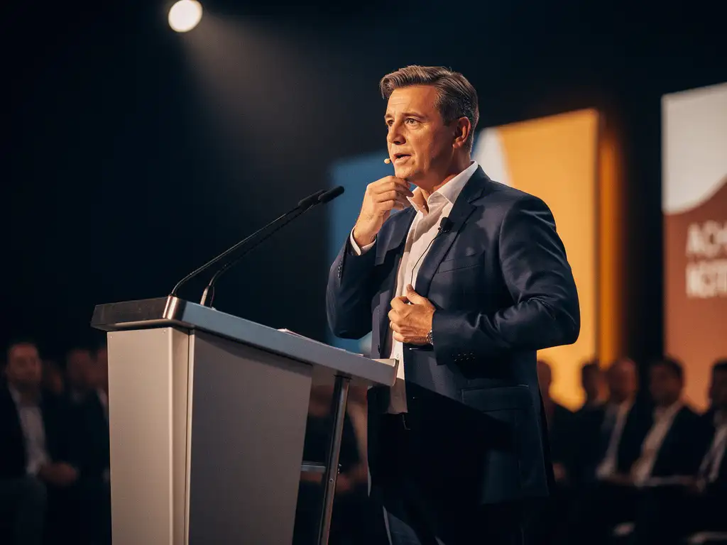 Spreker stelt dasmicrofoon bij achter modern podium op verlicht zakelijk congres met publiek op de achtergrond.