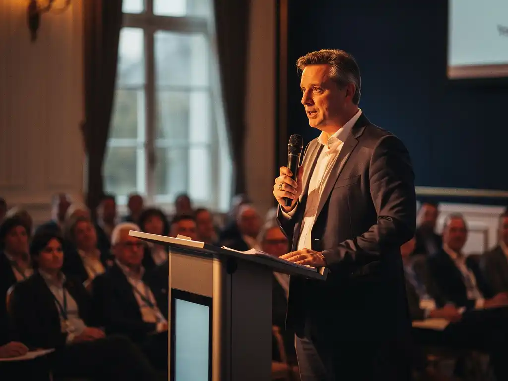 Moderator aan podium spreekt publiek toe in verlichte conferentiezaal met warme amber- en marineblauw tinten.