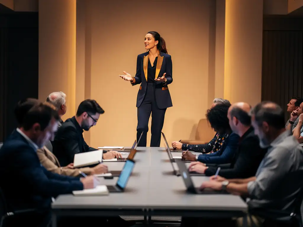 Spreker met levendige handgebaren voor aandachtig seminarpubliek in moderne Amsterdamse evenementenlocatie met warm amberkleurig podiumlicht.