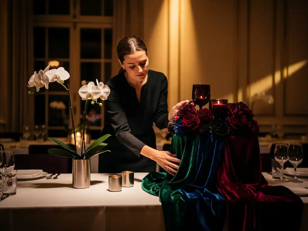 Eventstyliste schikt twee tafelstukken in Amsterdamse zaal: minimalistisch met witte orchideeën versus weelderig fluweel in juwelentinten.