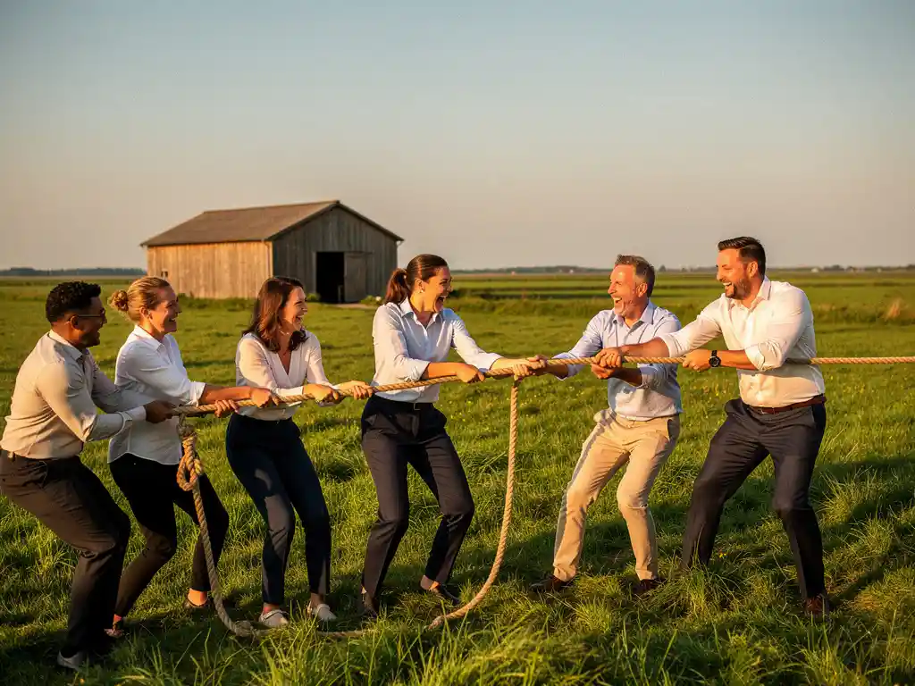 Collega's lachen en touwtrekken op een groene polderweiland met een houten schuur en uitgestrekt Nederlands landschap op de achtergrond.