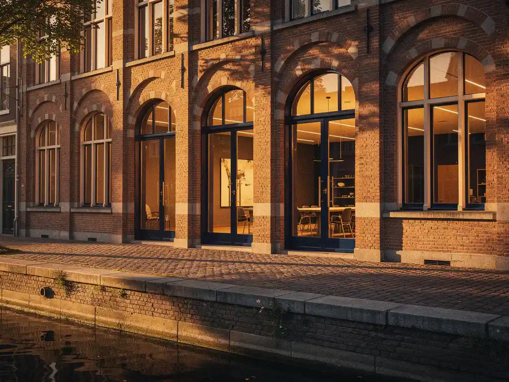 Historisch Utrechts grachtenpand met gewelfde ramen als zakelijke evenementenlocatie, warm amber licht en vergadertafels zichtbaar van binnenuit.