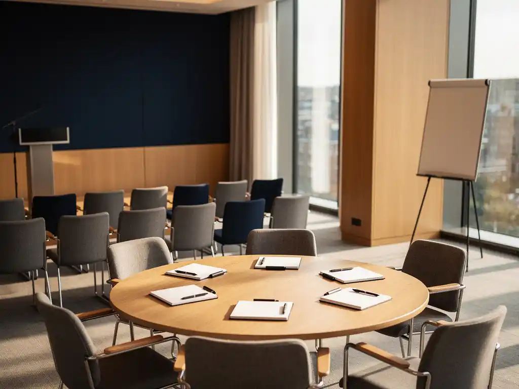 Vergaderruimte in Amsterdam met spreekgestoelte, ronde overlegtafel met notitieboeken en presentatie-ezel in warm amberkleurig licht.
