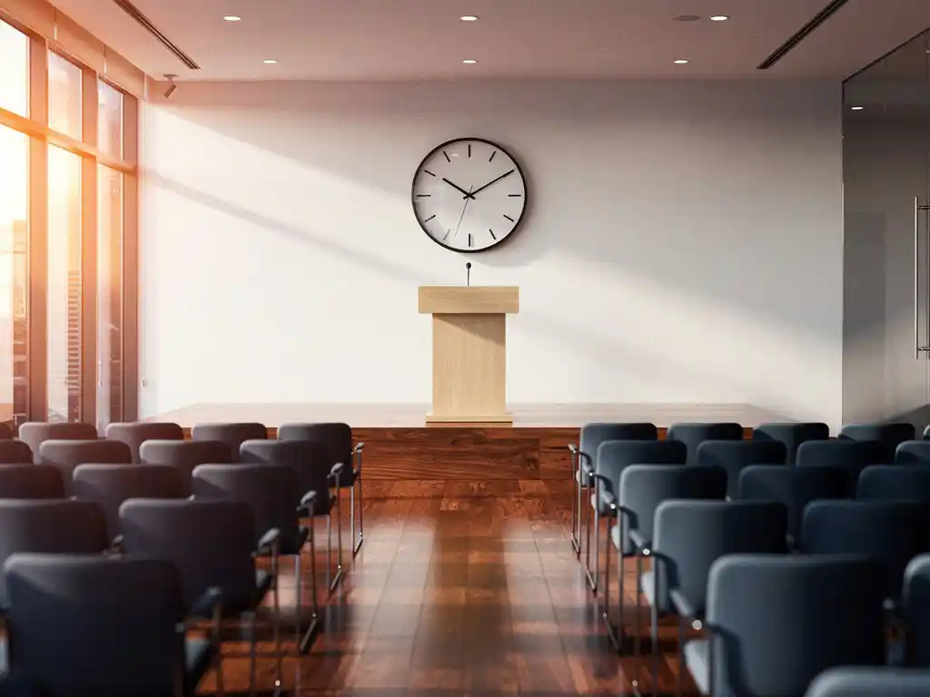 Lege conferentiezaal met stoelrijen voor een podium, grote analoge wandklok centraal boven het spreekgestoelte, warm middaglicht door hoge ramen.