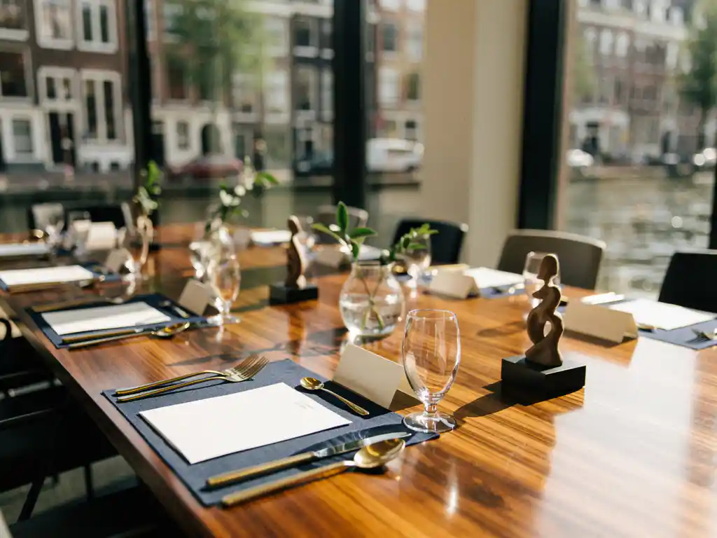 Zakelijke conferentietafel met naamkaartjes en minimalistische centerpieces, Amsterdamse grachtramen op de achtergrond, warm middaglicht.