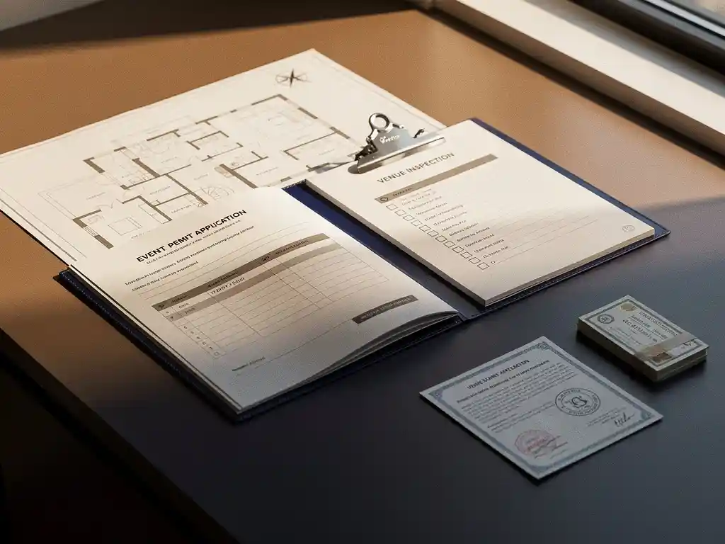 Geopende vergunningsmap voor een evenement op modern bureau, omringd door plattegrond, inspectielijst en officiële stempelddocumenten.