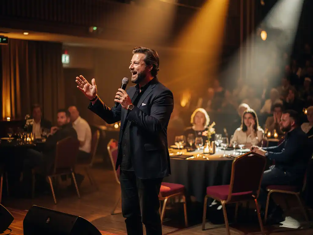 Storyteller met microfoon gebaart expressief voor publiek in sfeervol Amsterdams evenementlocatie met warm amberkleurig podiumlicht.