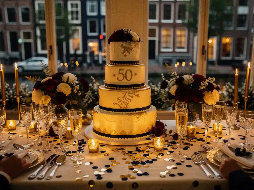 Vijflaagse jubileumtaart met gouden cijfers 50 op feestelijk gedekte tafel met champagne, confetti en bloemen in Amsterdam.