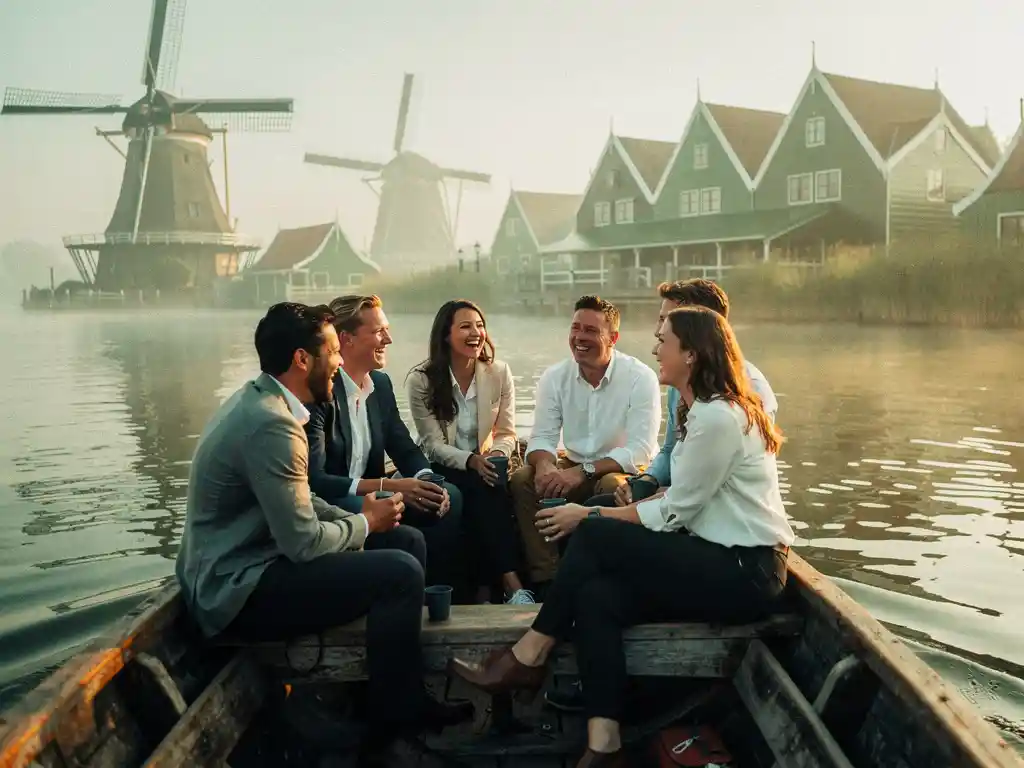 Collega's lachen samen op een houten boot op de groene Zaan, met traditionele windmolens en Zaanse Schans-huizen in de mistige achtergrond.