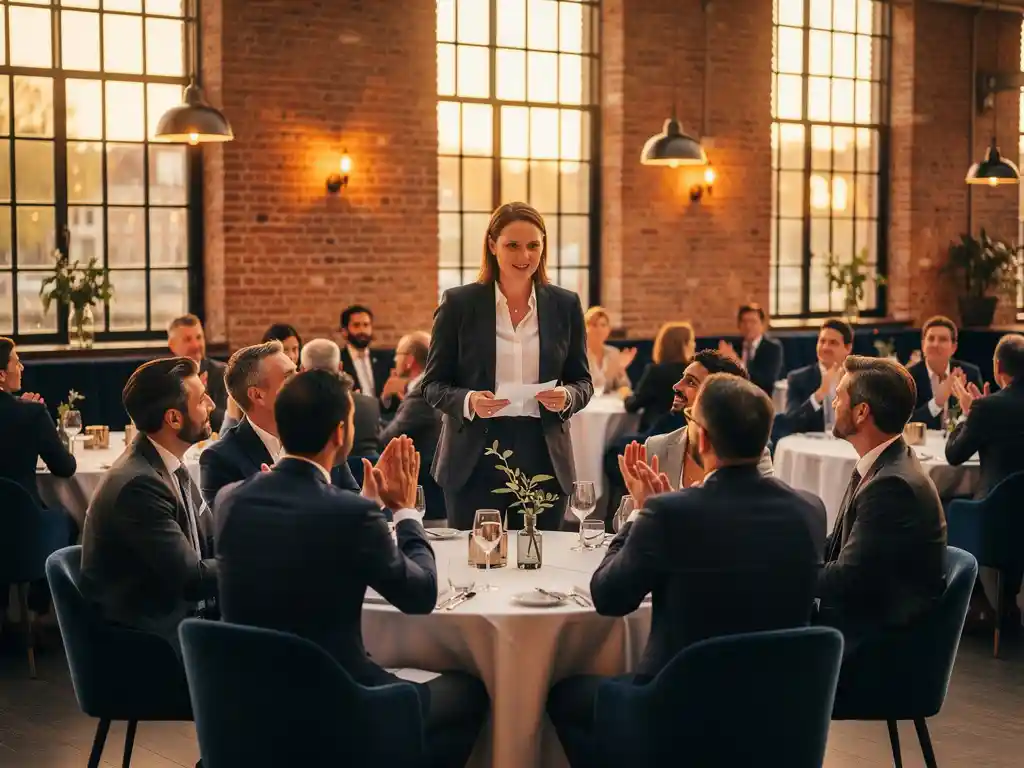 Zakelijke netwerkbijeenkomst in Amsterdams grachtenpand met exposed brick, deelnemers in gesprek aan ronde tafels in warm avondlicht.
