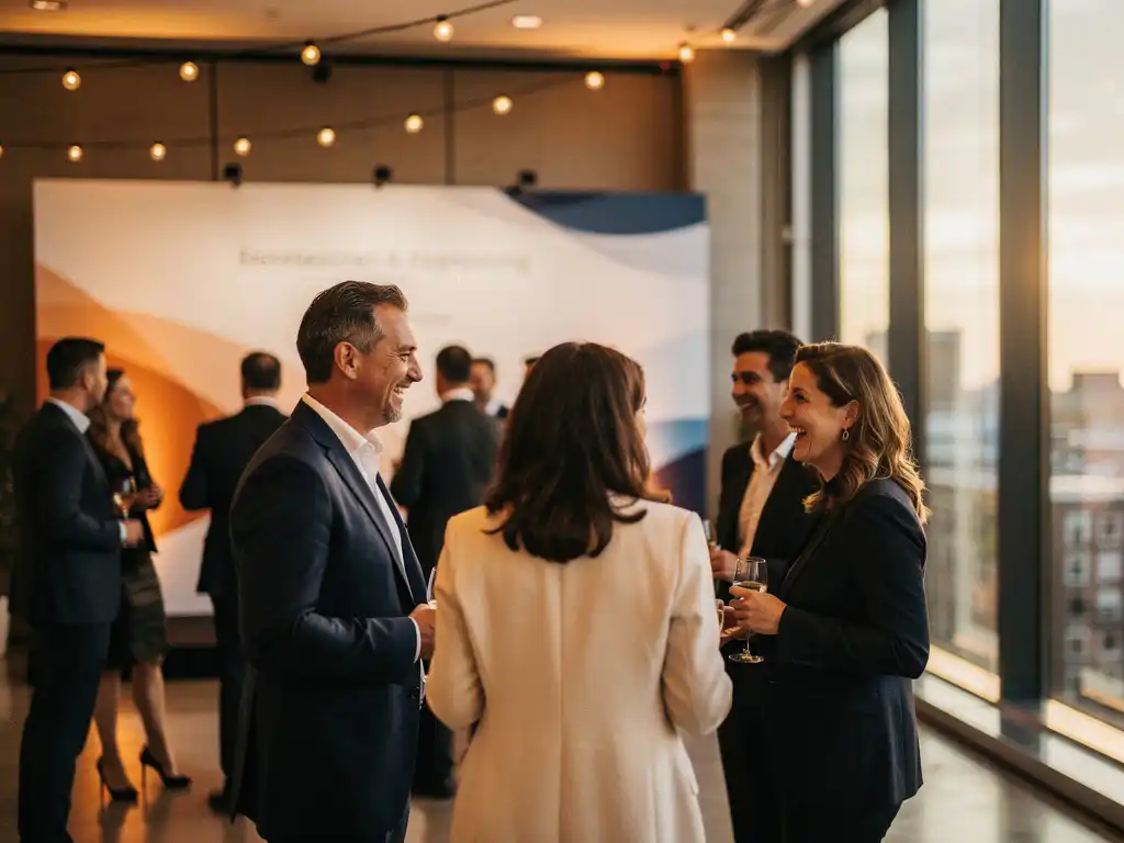 Professionals lachen en netwerken op een zakelijk evenement in een Amsterdamse locatie met vloer-tot-plafond ramen en sfeervolle lichtjes.
