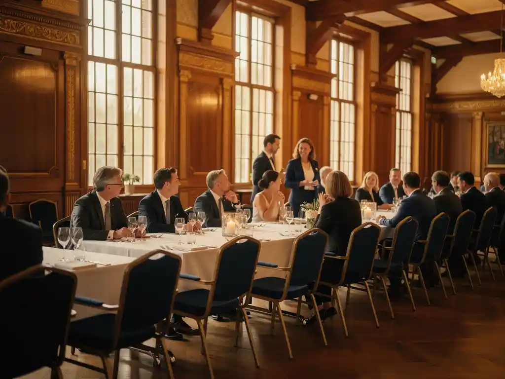 Zakelijke conferentie in een elegante Nederlandse locatie met lange tafels, warm licht en professionals in gesprek.