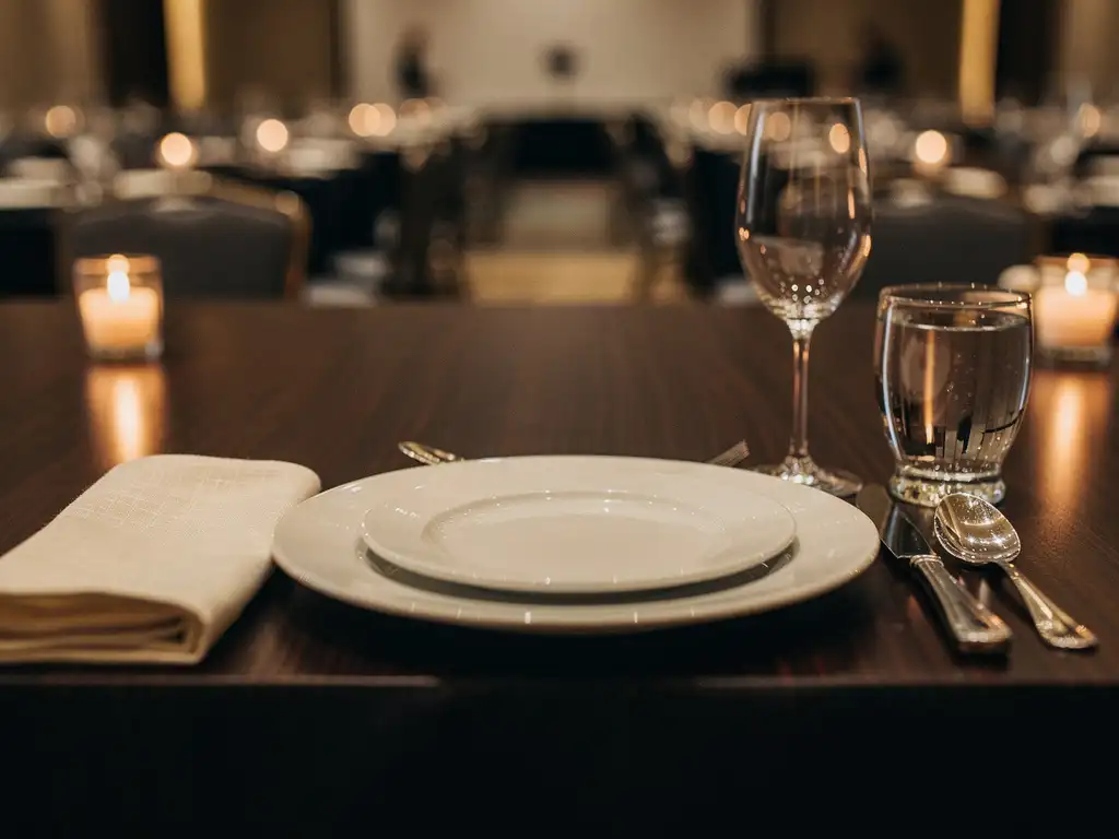 Elegante tafeldekking bij een bedrijfsevenement met wit porselein, kristallen glazen en linnen servet op donker walnoothouten tafel bij kaarslicht.
