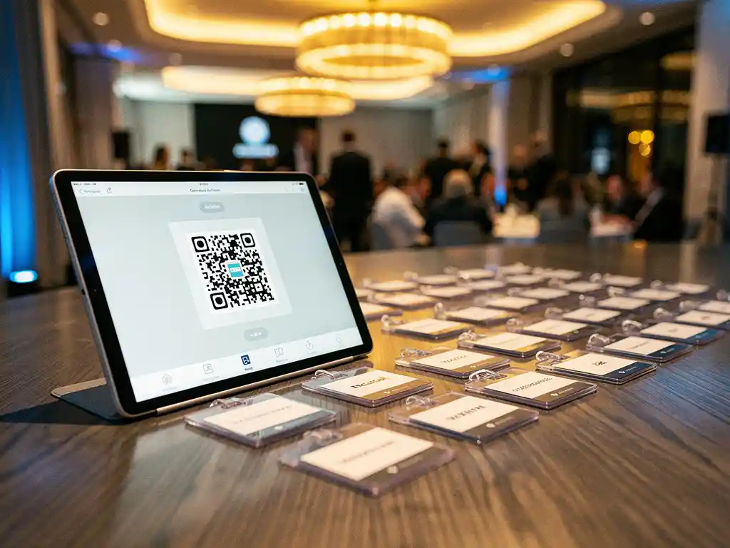 Tablet met QR-codescanner op een stijlvolle check-inbalie van een zakelijk evenement in Amsterdam, met naamkaartjes en warme sfeerverlichting.