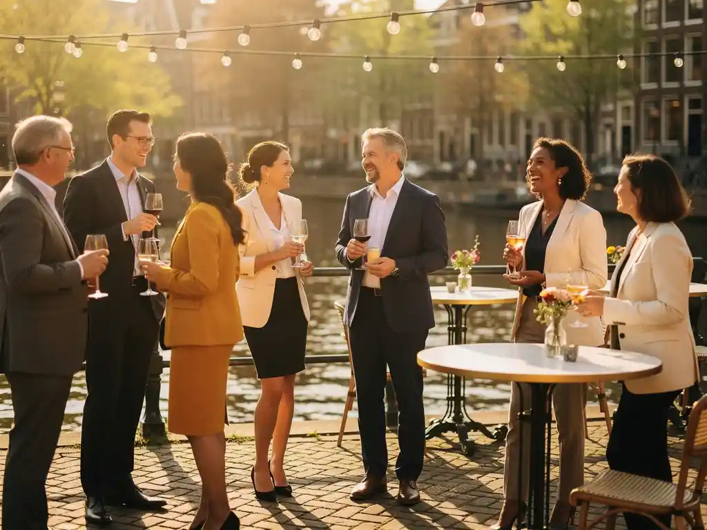 Professionals in gesprek op een sfeervolle Amsterdamse grachtteras tijdens een netwerkevenement, met slingerverlichting en gouden avondlicht.