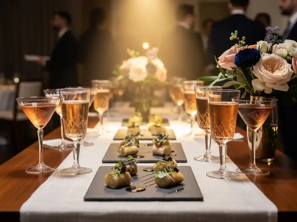 Gestileerde cateringtafel op zakelijk evenement met hapjes op leisteen, cocktails in kristallen glazen en verse bloemen in champagne en marineblauw.