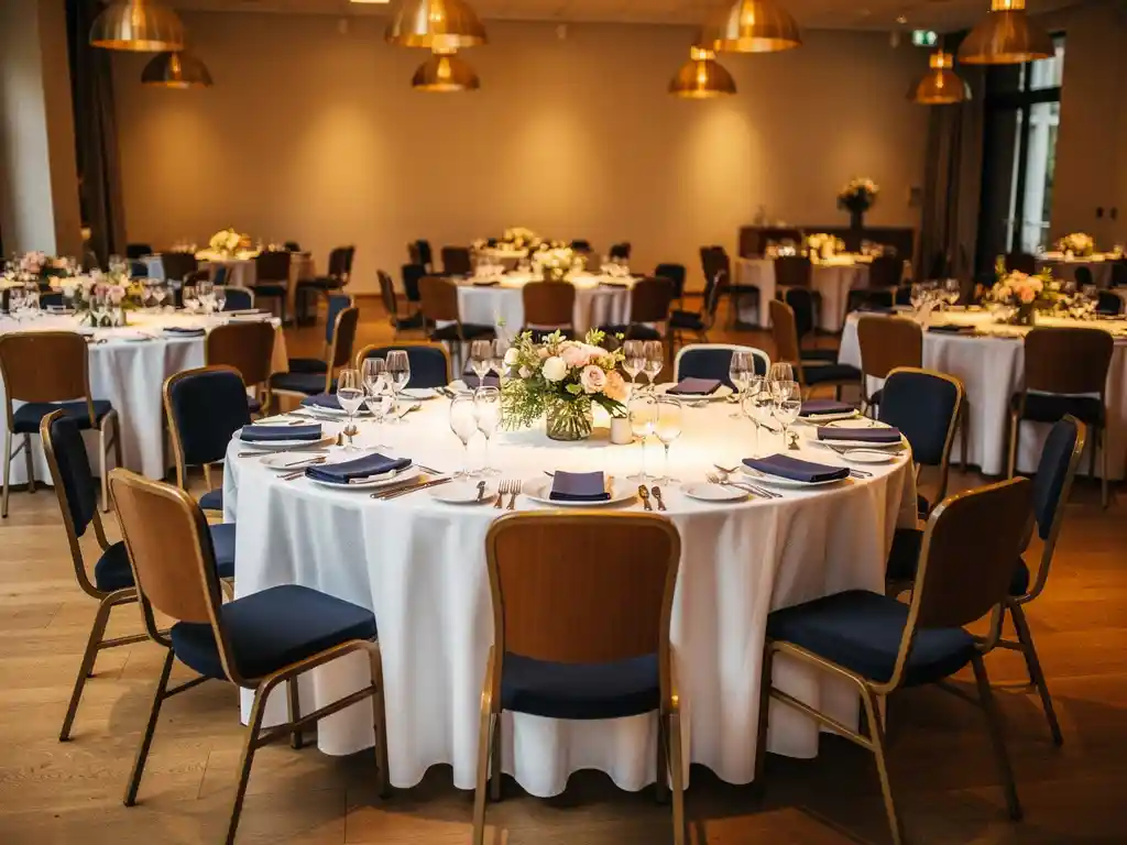 Zakelijke evenementenlocatie in Utrecht met ronde tafels, witte linnen en bloemstukken onder warm hangend licht.