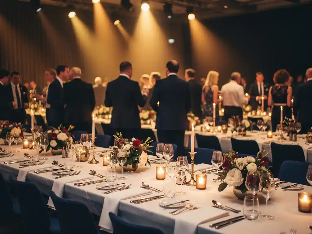 Elegant bedrijfsevenement in Den Haag met lange banquettafels, witte linnen, kaarslicht en gouden bloemstukken in een sfeervolle zaal.