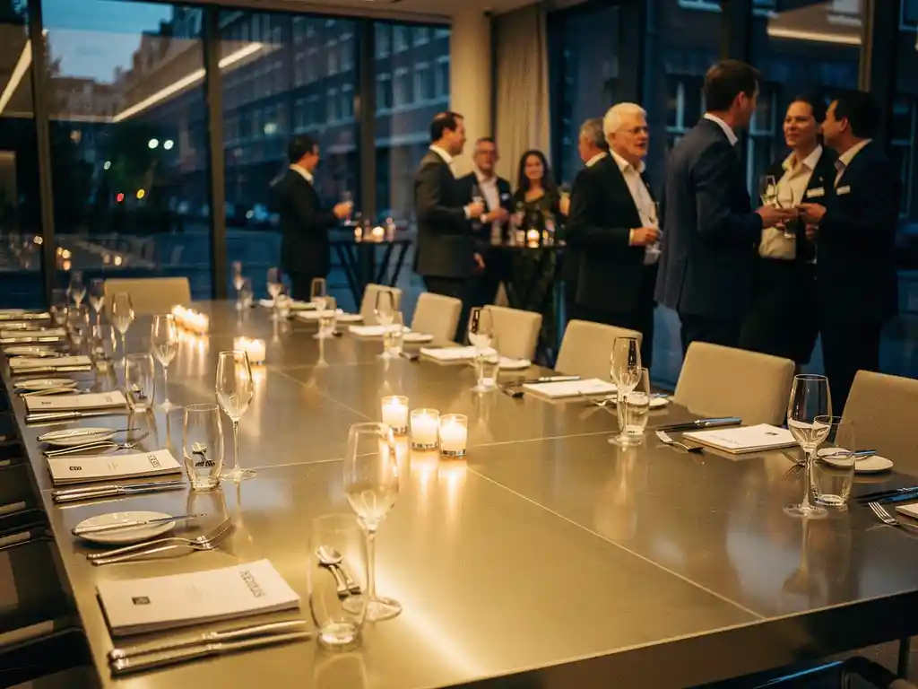 Conferentietafel met champagneglazen en gebrandmerkte notitieblokken in moderne Amsterdamse venue met vloer-tot-plafond ramen.