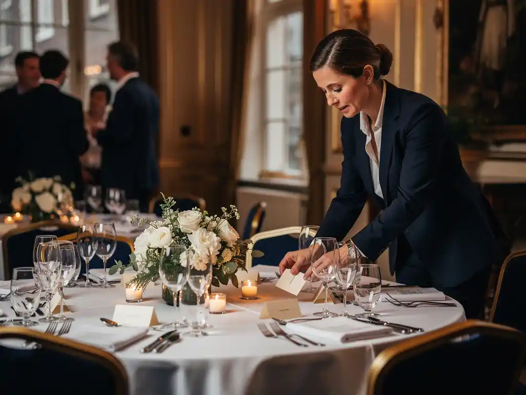Eventcoördinator in blazer schikt naamkaartjes op gedekte ronde tafel tijdens zakelijk netwerkevent in Amsterdams grachtenpand.