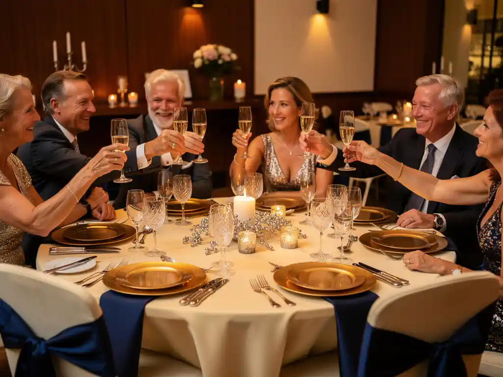 Gasten heffen champagneglazen tijdens een zilveren jubileumfeest aan een elegante ronde tafel in een intiem Amsterdams evenementenlocatie.